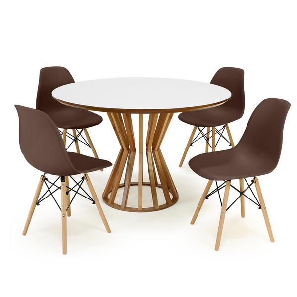 Imagem de Conjunto Mesa de Jantar Redonda Cecília Amadeirada Branca 120cm com 4 Cadeiras Eames Eiffel - Marrom