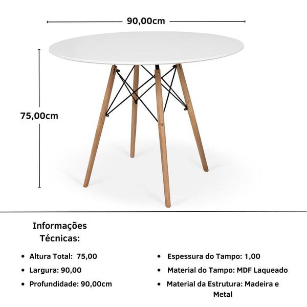 Imagem de Conjunto Mesa de Jantar Redonda Eiffel Branca 90cm com 4 Cadeiras Itália - Preto