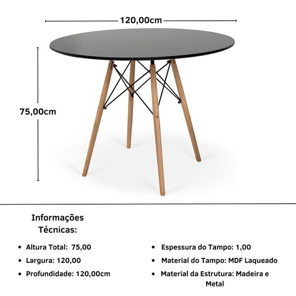 Imagem de Conjunto Mesa de Jantar Redonda Eiffel Preta 120cm com 6 Cadeiras Itália - Preto