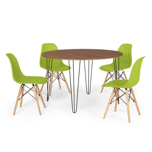 Imagem de Conjunto Mesa de Jantar Redonda Hairpin 120cm Natural com 4 Cadeiras Eames Eiffel - Verde