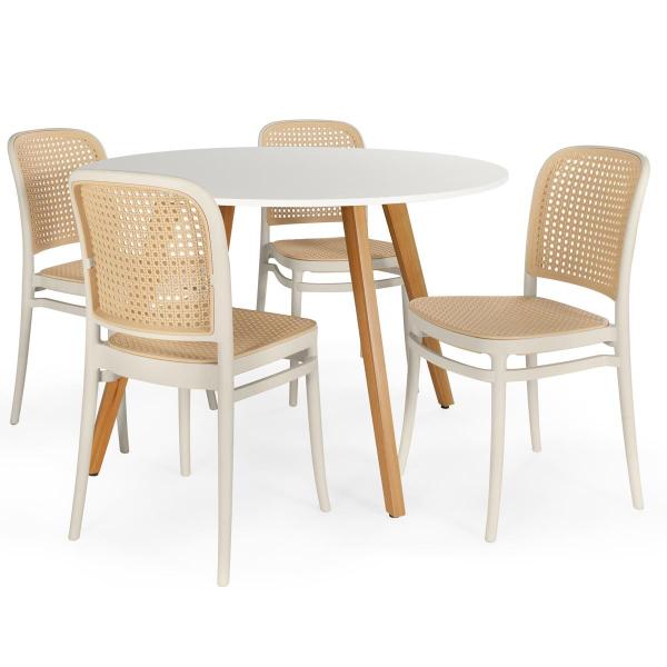 Imagem de Conjunto Mesa de Jantar Redonda Laura 120cm Branca com 4 Cadeiras Roma - Bege