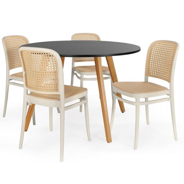 Imagem de Conjunto Mesa de Jantar Redonda Laura 120cm Preta com 4 Cadeiras Roma - Bege