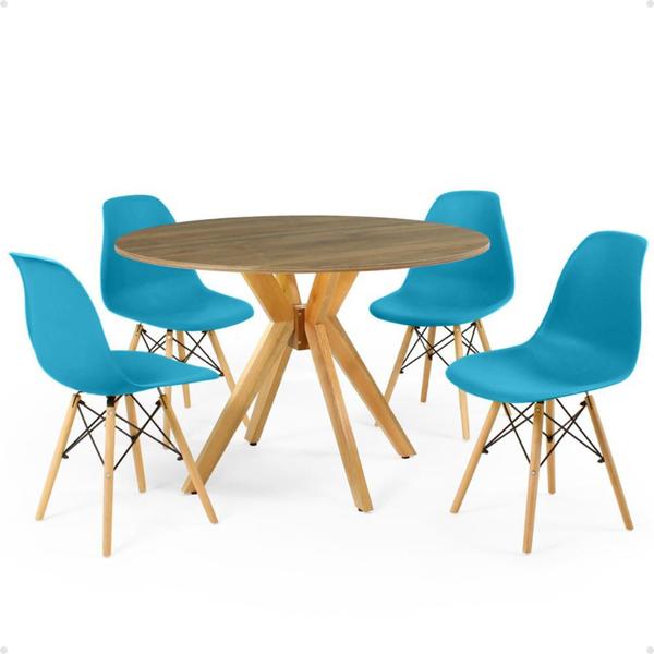 Imagem de Conjunto Mesa de Jantar Redonda Marci Natural 100cm com 4 Cadeiras Eames Eiffel - Turquesa