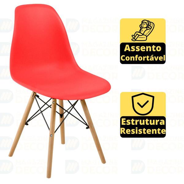 Imagem de Conjunto Mesa de Jantar Redonda Marci Natural 100cm com 4 Cadeiras Eames Eiffel - Vermelho