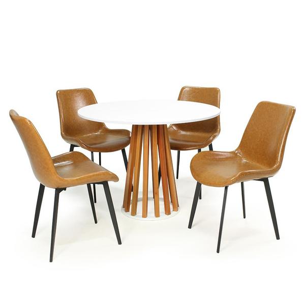 Imagem de Conjunto Mesa de Jantar Redonda Talia Branca Amadeirada 100cm com 4 Cadeiras Estofadas Chicago - Marrom