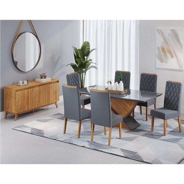 Imagem de Conjunto Mesa de Jantar Retangular 180x90 Epic com 6 Cadeiras Iza e Buffet 4 Portas Eifel