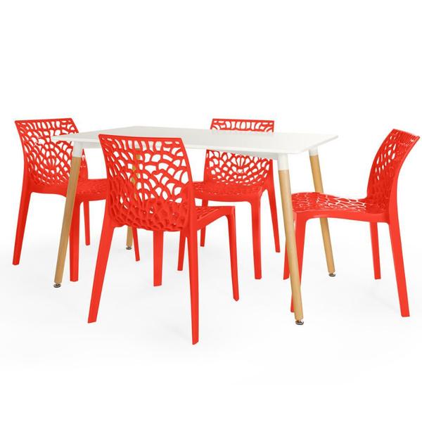 Imagem de Conjunto Mesa de Jantar Retangular Eiffel Branca 120x80cm com 4 Cadeiras Gruvyer - Vermelho