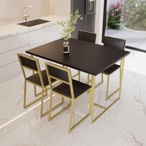 Imagem de Conjunto Mesa de Jantar Retangular Preta 4 Cadeiras Estofado Riviera Industrial Dourado