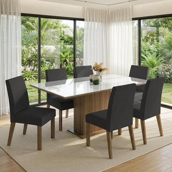 Conjunto Mesa de Jantar Tampo de Vidro 6 Cadeiras Rustic/Branco/Suede Imperial Sofia Madesa