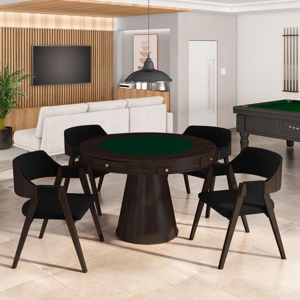 Imagem de Conjunto Mesa de Jogos Carteado Bellagio Tampo Reversível e 4 Cadeiras Madeira Poker Base Cone Veludo Preto/Capuccino G42 - Gran Belo