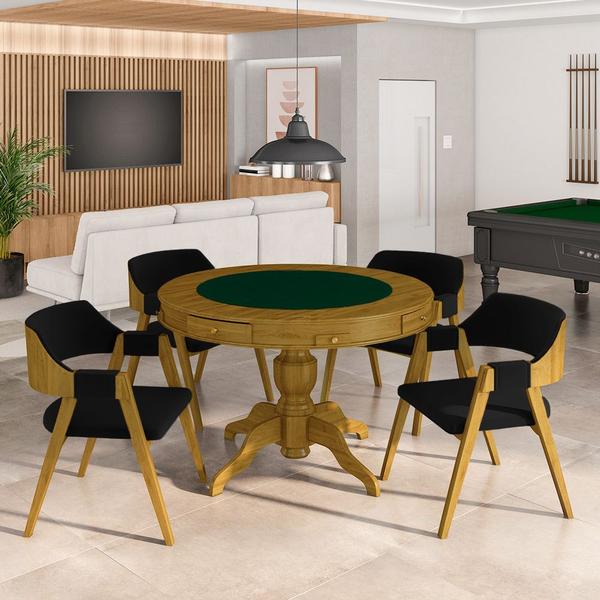 Imagem de Conjunto Mesa de Jogos Carteado Bellagio Tampo Reversível e 4 Cadeiras Madeira Poker Base Estrela Veludo Preto/Mel G42 - Gran Belo