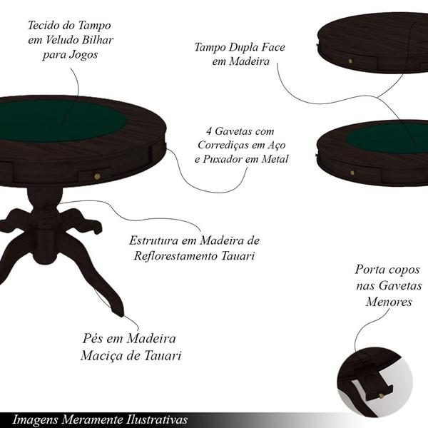 Imagem de Conjunto Mesa de Jogos Carteado Bellagio Tampo Reversível e 4 Cadeiras Madeira Poker Base Estrela Veludo Verde/Tabaco G42 - Gran Belo