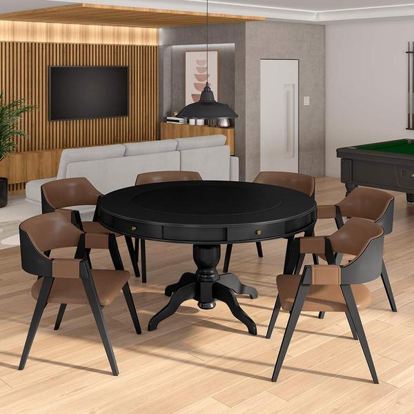 Imagem de Conjunto Mesa de Jogos Carteado Bellagio Tampo Reversível e 6 Cadeiras Madeira Poker PU Caramelo/Preto G42 - Gran Belo