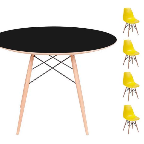 Imagem de Conjunto Mesa Eames Eiffel DSW Redonda Preta 90cm + 4 Cadeiras Eames DSW - Amarela