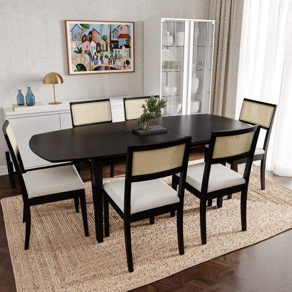 Imagem de Conjunto Mesa Extensível Oval Cadeira Madeira Maciça Encosto Telado Tiê CabeCasa MadeiraMadeira