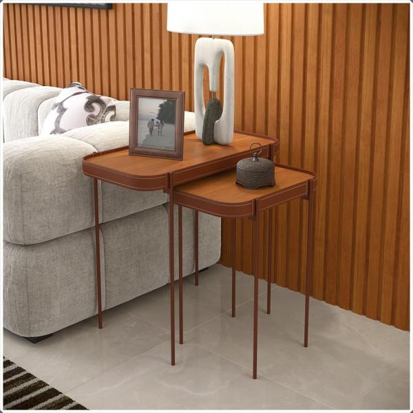 Imagem de Conjunto Mesa Lateral Melin 70X37cm e 47X31cm Nature Pés Metal Cobre Ofertamo