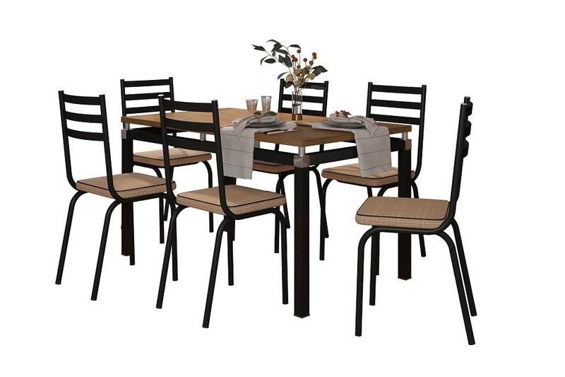 Imagem de Conjunto Mesa Malva 1,36 x 80 cm Preto Tampo BP Nature 6 Cadeiras 118 Rattan - Artefamol