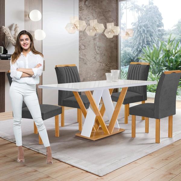 Imagem de Conjunto Mesa Manuela 120cm com 4 Cadeiras Arizona Tampo Dakota Plus com Vidro Yescasa