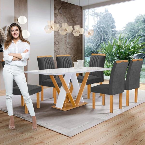 Imagem de Conjunto Mesa Manuela 160cm com 6 Cadeiras Arizona Tampo Dakota Plus com Vidro Yescasa