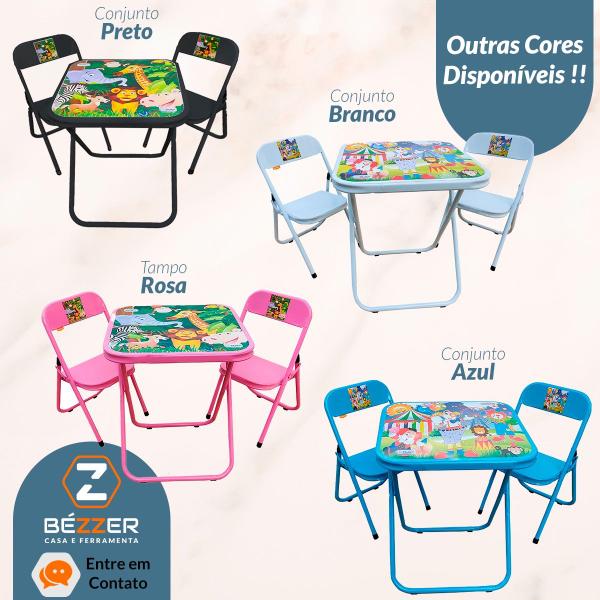 Imagem de Conjunto Mesa Mesinha Infantil e 2 Cadeiras Dobrável Até 40 Kg Azul Estampa Circo