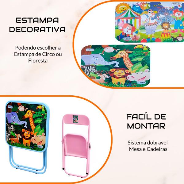 Imagem de Conjunto Mesa Mesinha Infantil e 2 Cadeiras Dobrável Até 40 Kg Azul Estampa Floresta