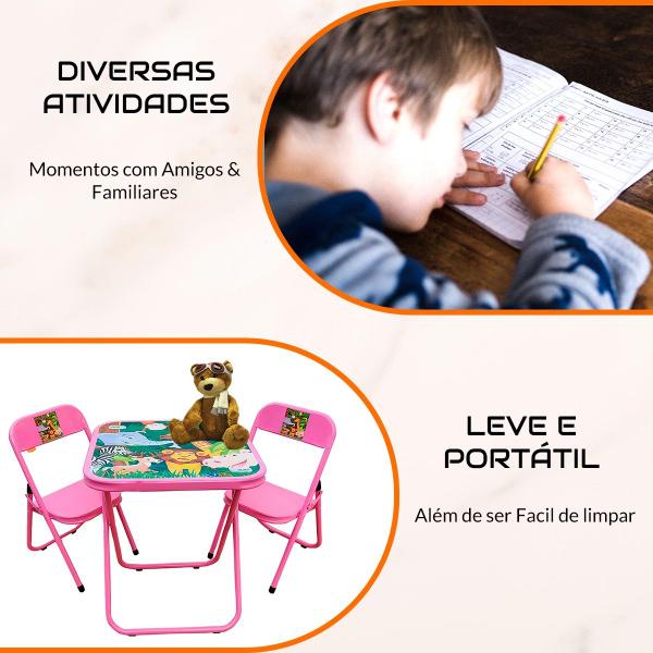 Imagem de Conjunto Mesa Mesinha Infantil e 2 Cadeiras Dobrável Até 40 Kg Preto Estampa Floresta