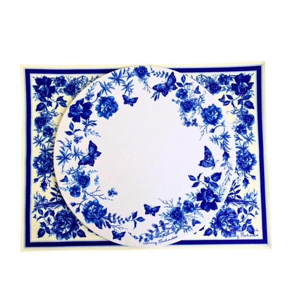 Imagem de Conjunto mesa posta americano e sousplat floral pavão azul bordas