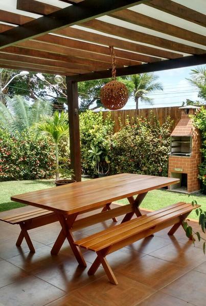 Conjunto Mesa Rústica Com Bancos Madeira Churrasco 2,00m - Mesas para Churrasco