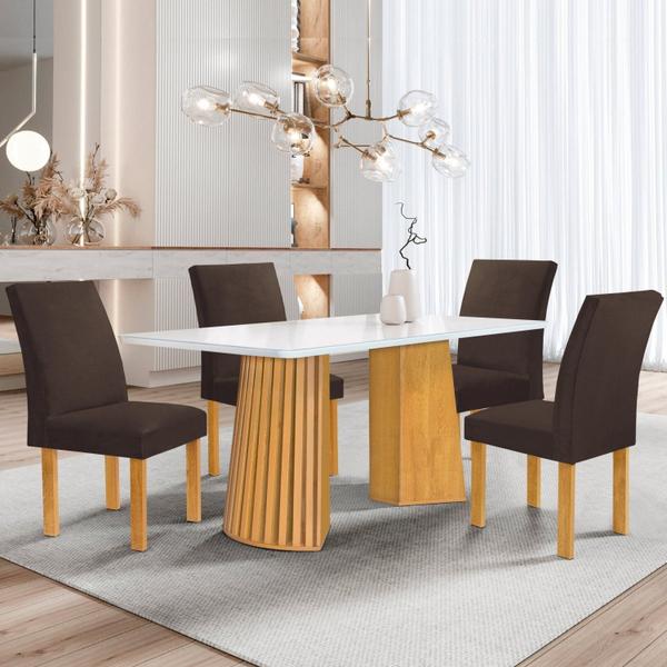 Imagem de Conjunto Mesa Stella Ripada 120cm com 4 Cadeiras Canela Tampo Smart Plus com Vidro