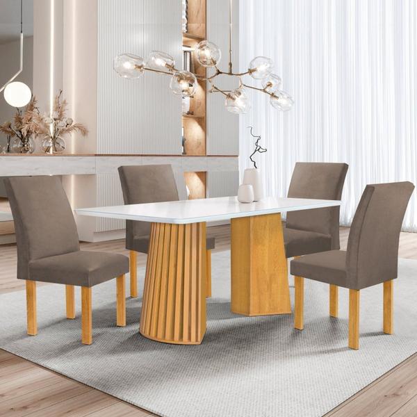 Imagem de Conjunto Mesa Stella Ripada 120cm com 4 Cadeiras Canela Tampo Smart Plus com Vidro