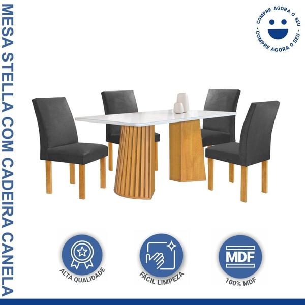 Imagem de Conjunto Mesa Stella Ripada 120cm com 4 Cadeiras Canela Tampo Smart Plus com Vidro