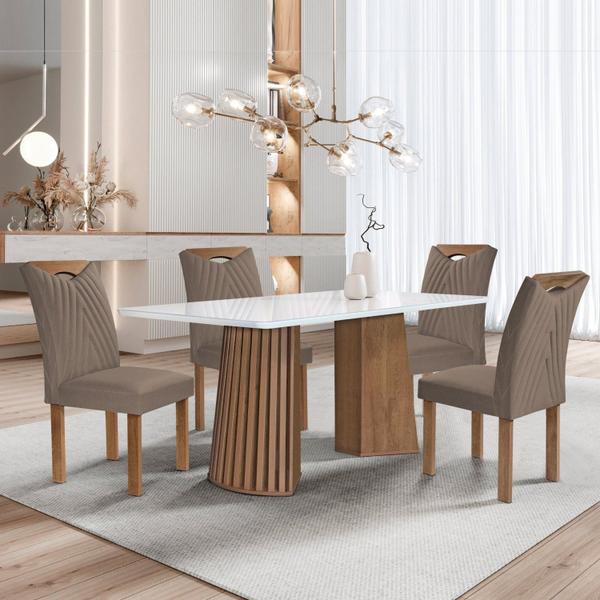 Imagem de Conjunto Mesa Stella Ripada 120cm com 4 Cadeiras Stella Tampo Smart Plus com Vidro