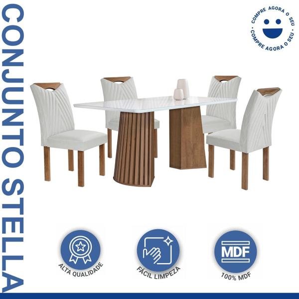 Imagem de Conjunto Mesa Stella Ripada 120cm com 4 Cadeiras Stella Tampo Smart Plus com Vidro