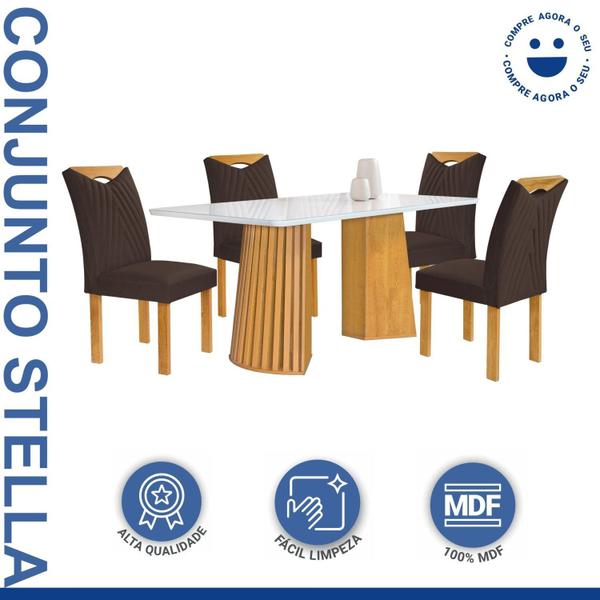 Imagem de Conjunto Mesa Stella Ripada 120cm com 4 Cadeiras Stella Tampo Smart Plus com Vidro