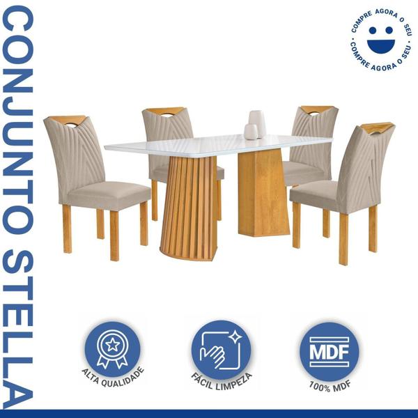 Imagem de Conjunto Mesa Stella Ripada 120cm com 4 Cadeiras Stella Tampo Smart Plus com Vidro