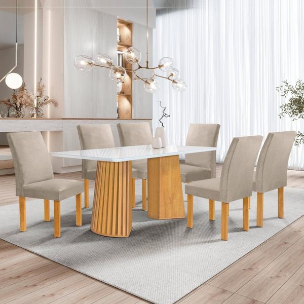 Imagem de Conjunto Mesa Stella Ripada 170cm com 6 Cadeiras Canela Tampo Smart Plus com Vidro Cinamomo/Off White/Boucle Bege