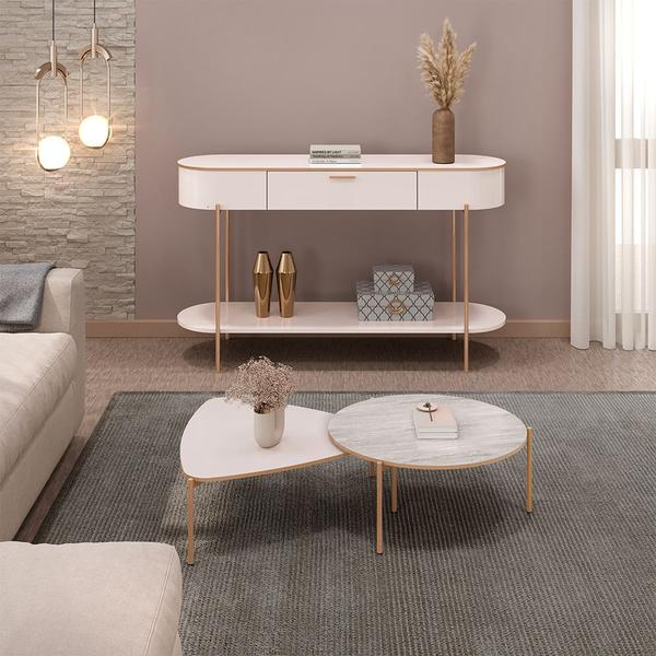 Imagem de Conjunto Mesas de Centro Decorativas Oak e Dutton Pés Metálicos Dourados Off White/Quartzo G18 - Gran Belo