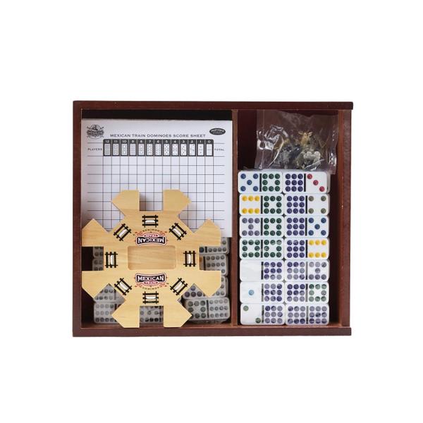 Conjunto Mexican Train Domino Set Front Porch Classics Wood Box Imagem de Conjunto Mexican Train Domino Set Front Porch Classics Wood Box