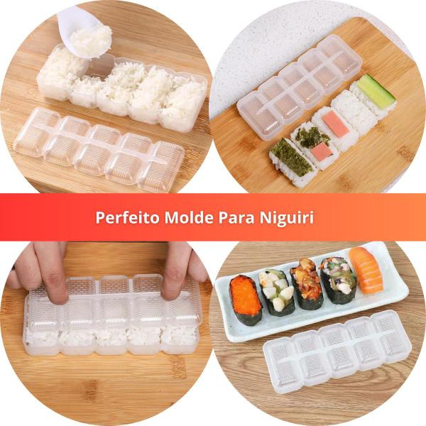 Imagem de Conjunto Moderno Para Preparo de Comida Japonesa Sushi em Bambu Com Faca, Esteira, Molde Niguiri (Bento), Colher de Arroz, Porta Hashi, Molheira Em Cerâmica E Pares De Hashis