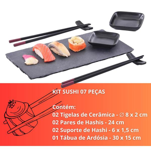 Imagem de Conjunto Moderno Romântico Para Sushi Tabua De Ardósia Molheira, Porta Hashi Em Cerâmica E Pares De Hashis