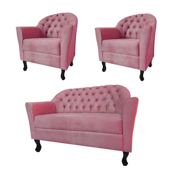 Imagem de Conjunto Namoradeira Com 2 Poltronas Júlia Suede Rosa Barbie - DL Decor