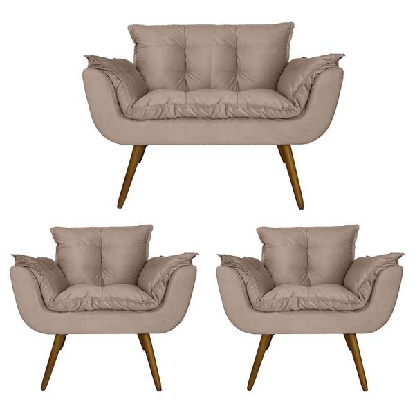 Imagem de Conjunto Namoradeira Com 2 Poltronas Sala de Estar Opala Suede Bege - DL Decor