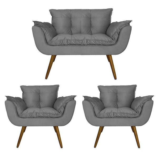 Imagem de Conjunto Namoradeira Com 2 Poltronas Sala de Estar Opala Suede Cinza - DL Decor