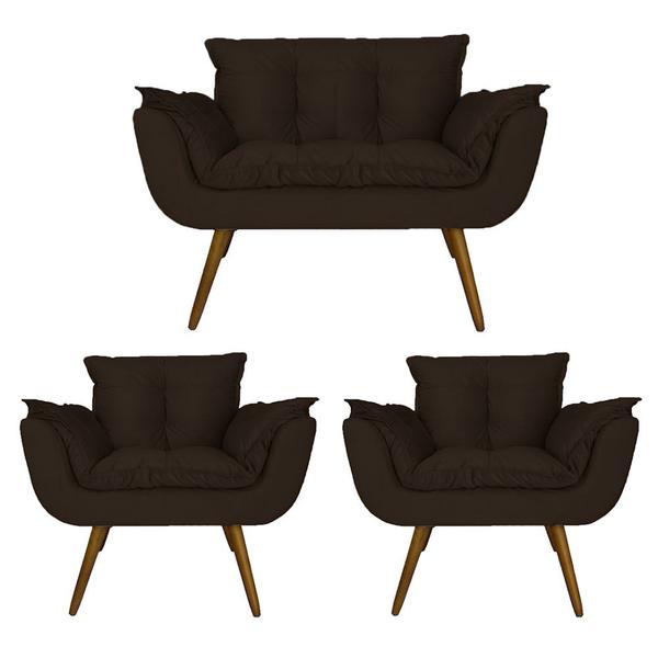 Imagem de Conjunto Namoradeira Com 2 Poltronas Sala de Estar Opala Suede Marrom - DL Decor