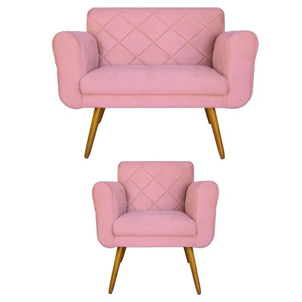 Imagem de Conjunto Namoradeira e 1 Poltrona Isabella Sala de Estar Suede Rosa - LM DECOR