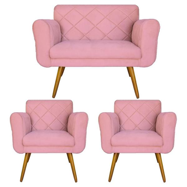 Imagem de Conjunto Namoradeira e 2 Poltrona Isabella Sala de Estar Suede Rosa - DL DECOR