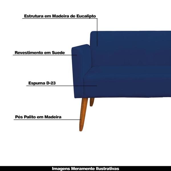 Imagem de Conjunto Namoradeira e 2 Poltronas Decorativas Isabella Pés Palito Madeira Suede Azul Marinho G19 - Gran Belo