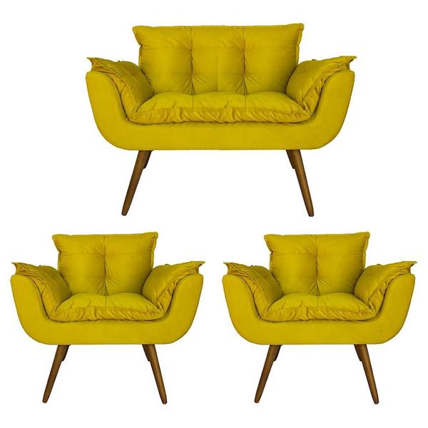 Imagem de Conjunto Namoradeira e 2 Poltronas Estofadas Hall de Entrada Opala Suede Amarelo - LM DECOR