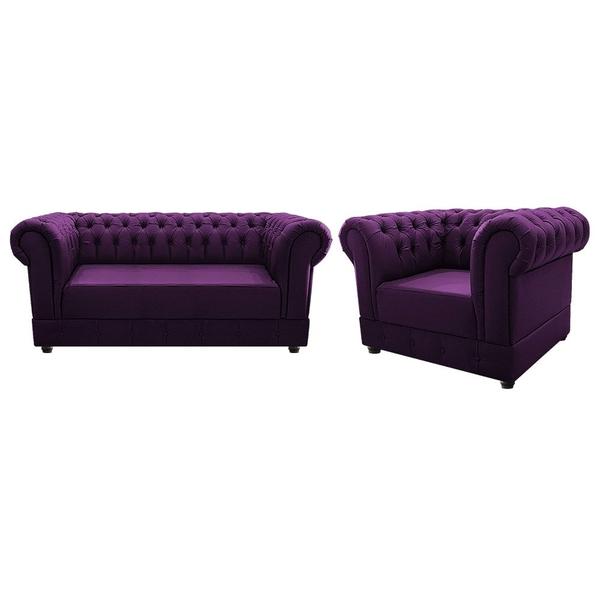 Imagem de Conjunto Namoradeira e Poltrona Decorativa Chesterfield Suede Roxo Quarto Luxo Recepção Sala de Estar - AM Decor