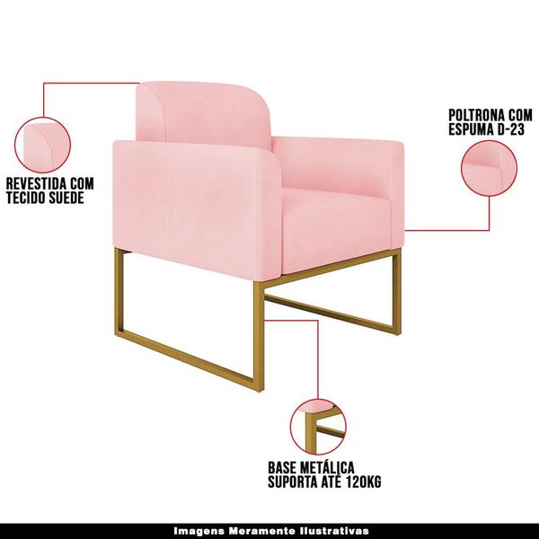 Imagem de Conjunto Namoradeira e Poltrona Decorativa Isabella Base Industrial Suede Rosa Bebê/Dourado G19 - Gran Belo